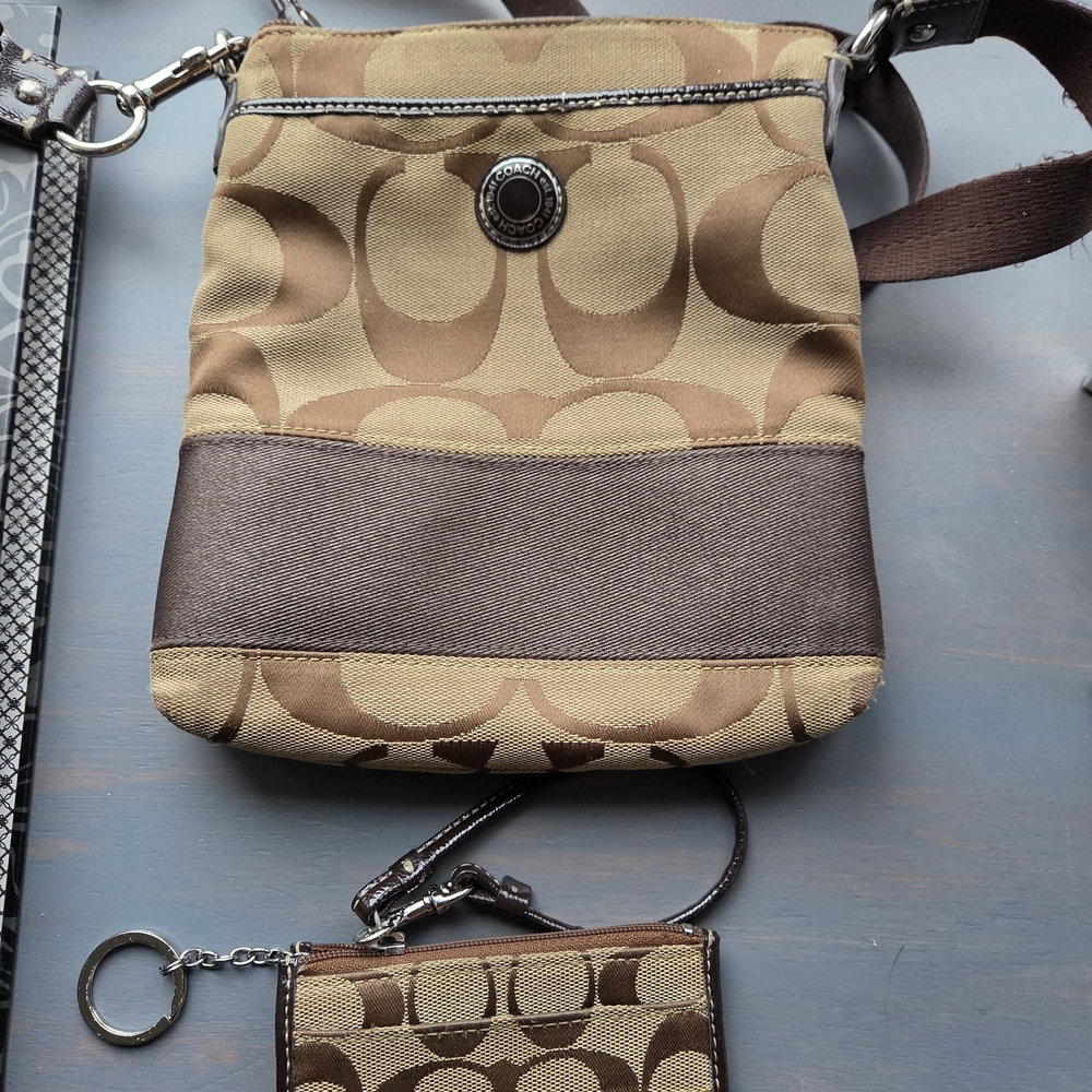 Coach Tan and Brown Crossbody Bag with matching coin purse
